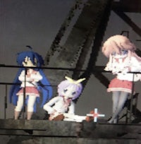 a group of anime girls standing on a bridge